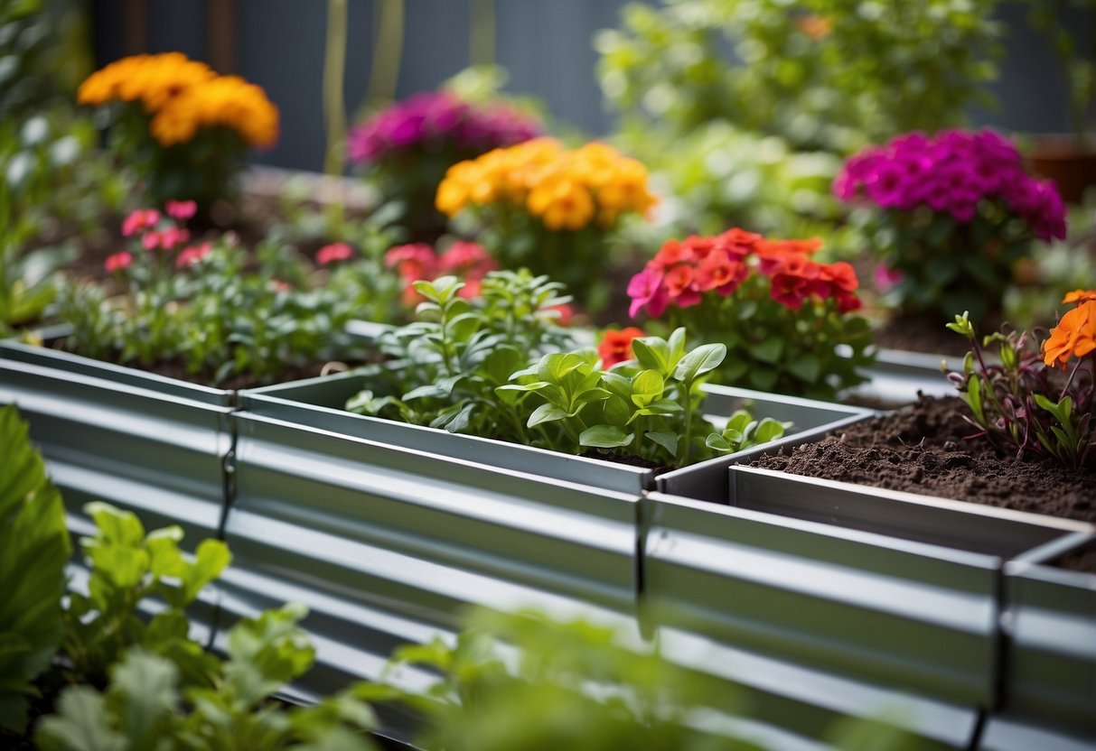 Corrugated metal planters arranged in a raised garden bed, surrounded by lush green plants and colorful flowers