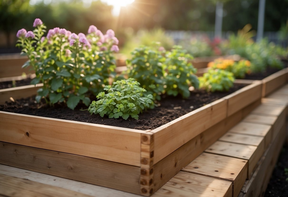 A variety of materials like wooden planks, cinder blocks, and corrugated metal sheets are stacked and arranged to create raised garden beds