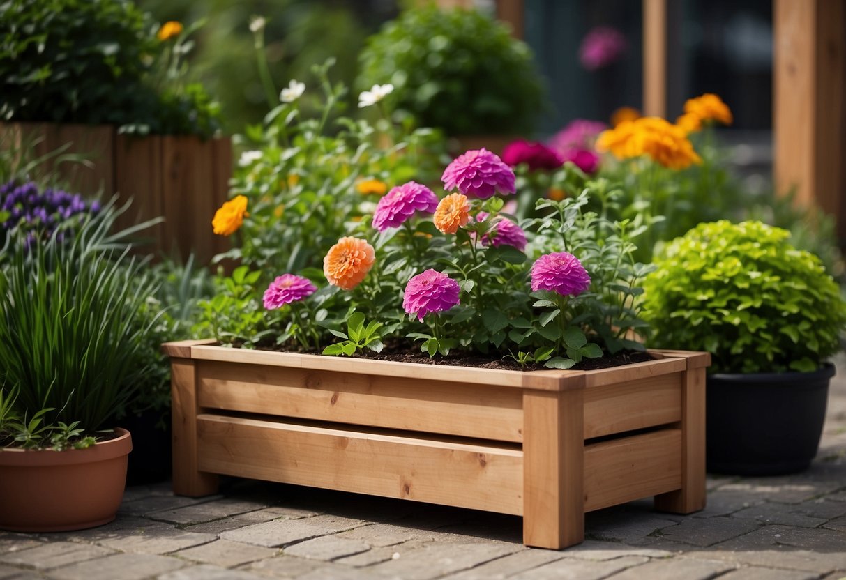 A raised wooden planter box sits in a sunny corner, filled with vibrant flowers and lush greenery, creating a charming small garden bed