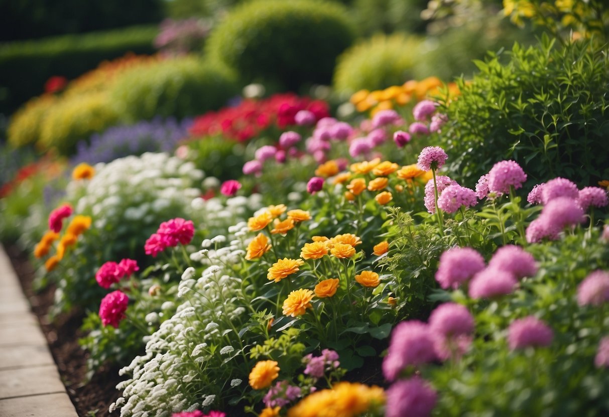 Tiered flower beds cascade down a gentle slope, filled with vibrant blooms and lush greenery. The beds are neatly arranged, creating a visually appealing and organized garden space