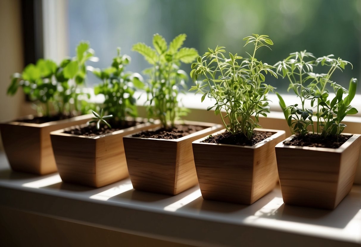 Herbs grow in small wooden boxes on a windowsill. Green plants and soil fill the containers, with sunlight streaming in from the window