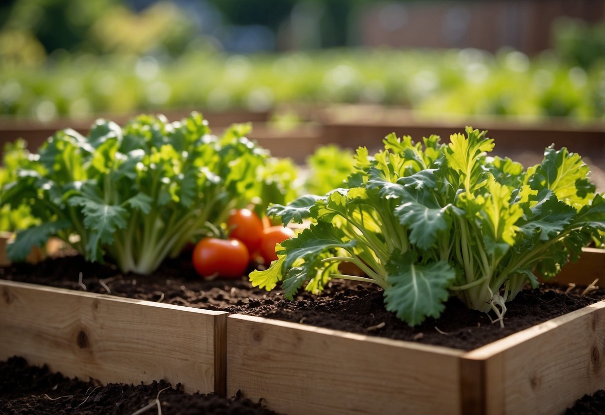 A compact vegetable patch with raised beds, neatly arranged rows of carrots, tomatoes, and lettuce, surrounded by a wooden border