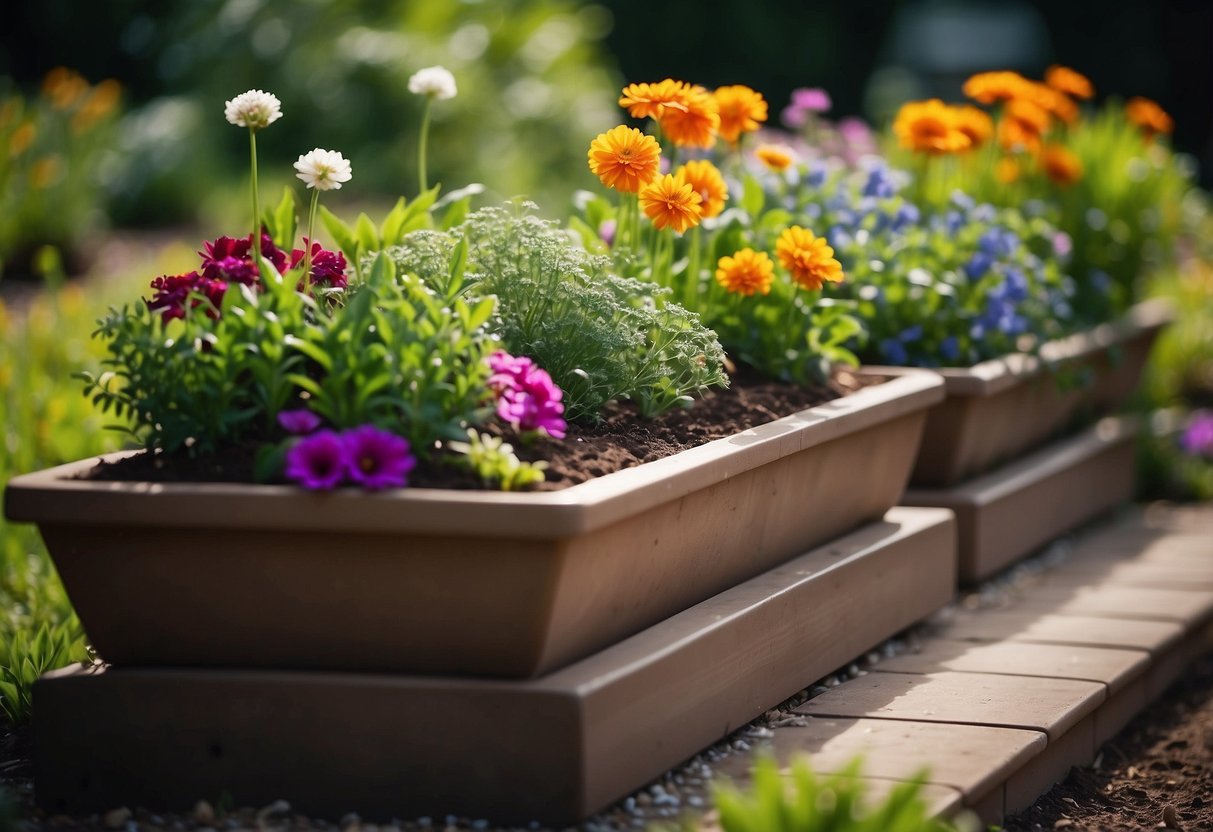 Vibrant flowers and lush greenery fill a well-tended garden bed, with neatly arranged planters and healthy soil