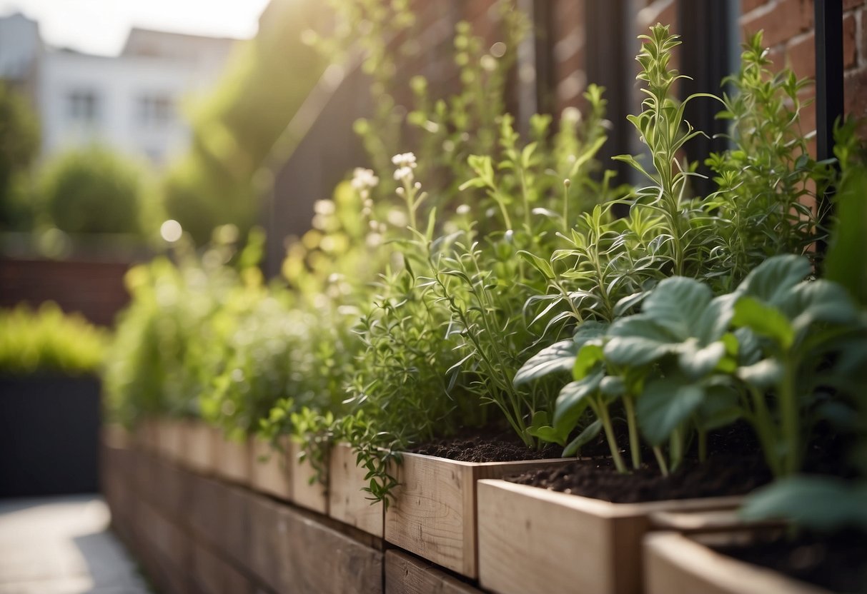 A tall, narrow garden bed filled with various herbs, arranged vertically against a wall