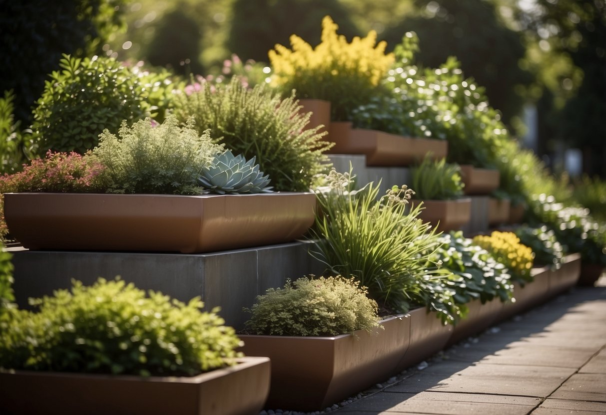 Tiered planters cascade down a narrow garden bed, creating a lush and dynamic display of greenery and flowers