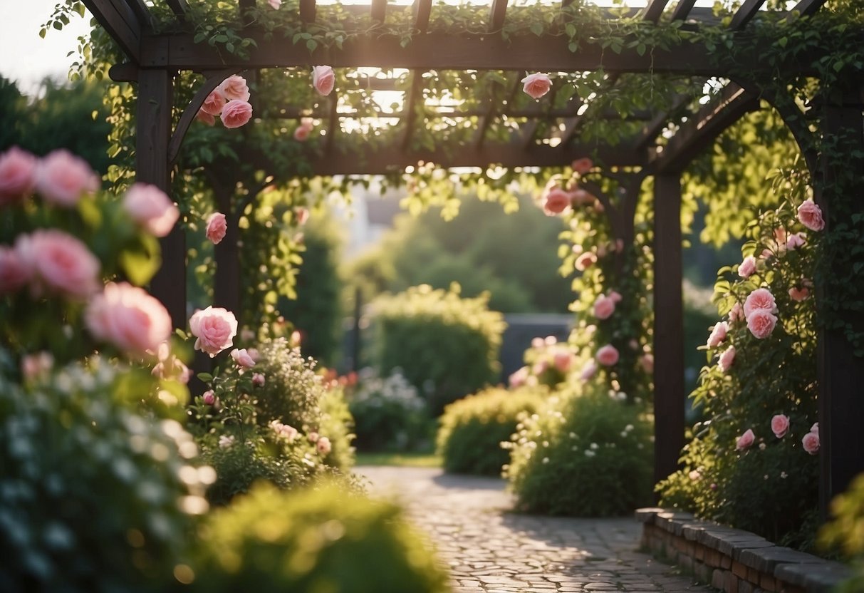 A pergola covered in climbing roses, surrounded by narrow garden beds