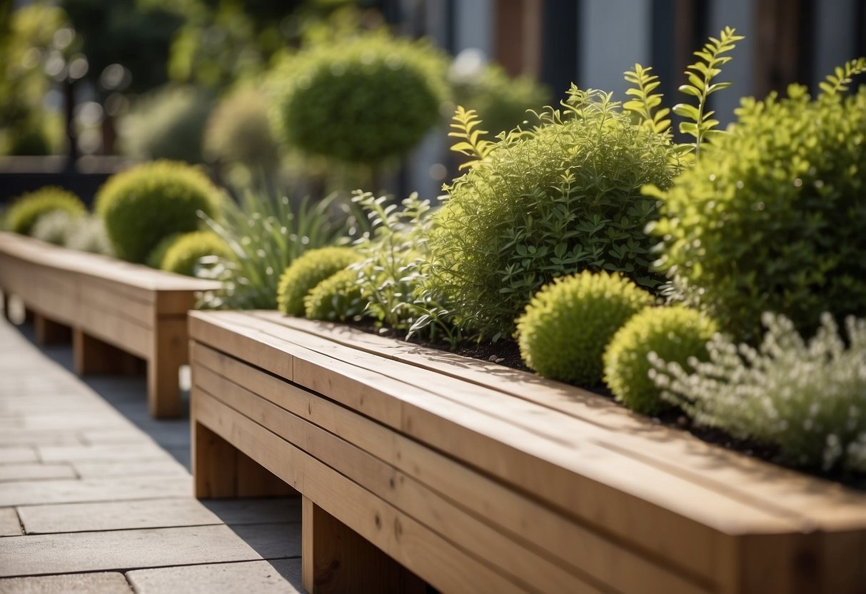 Slim wooden benches with integrated planters line a narrow garden bed, creating a charming and functional space for outdoor relaxation and greenery