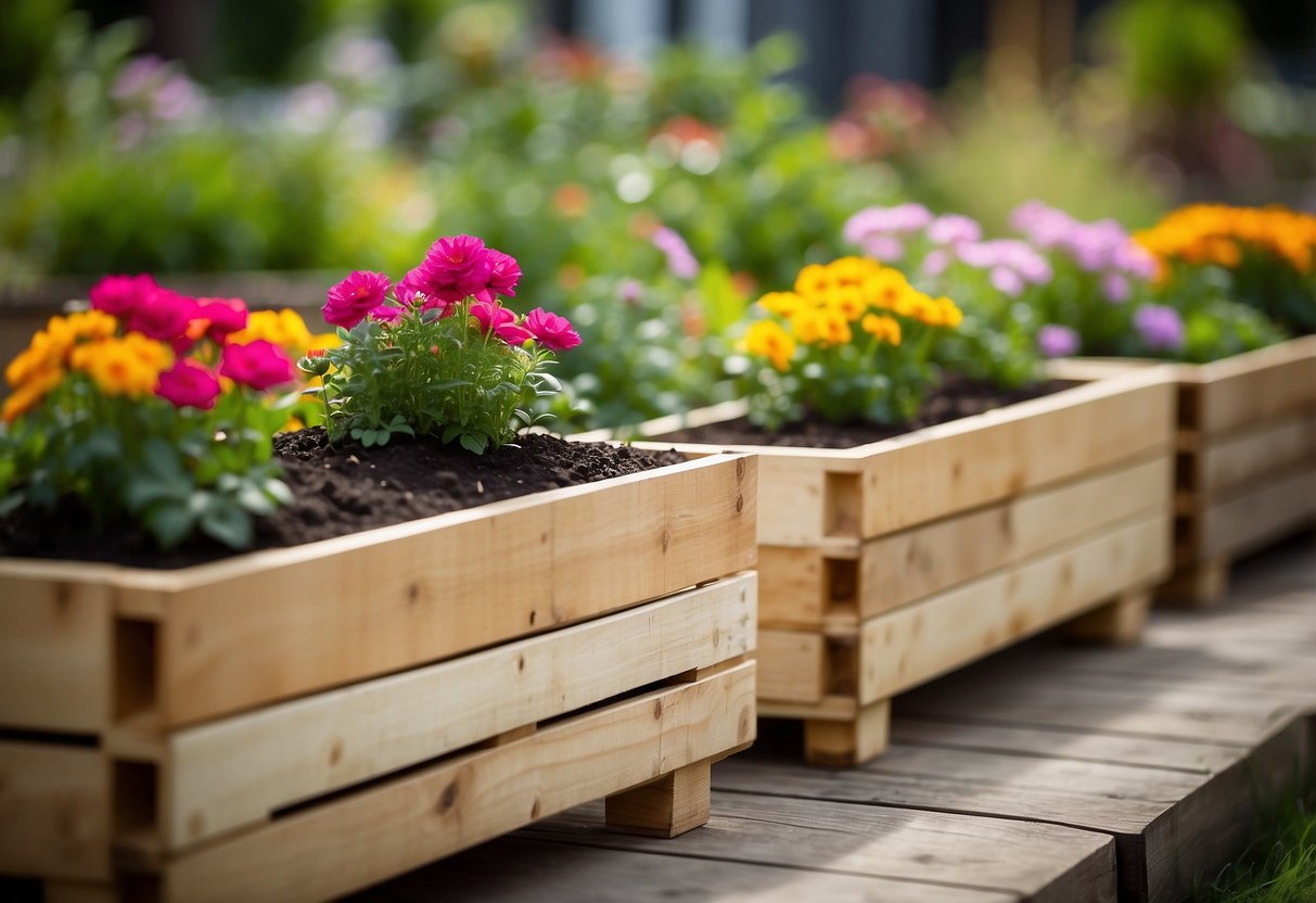 A row of wooden pallet planters line a narrow garden bed, each filled with vibrant flowers and greenery, creating a charming and space-saving garden display