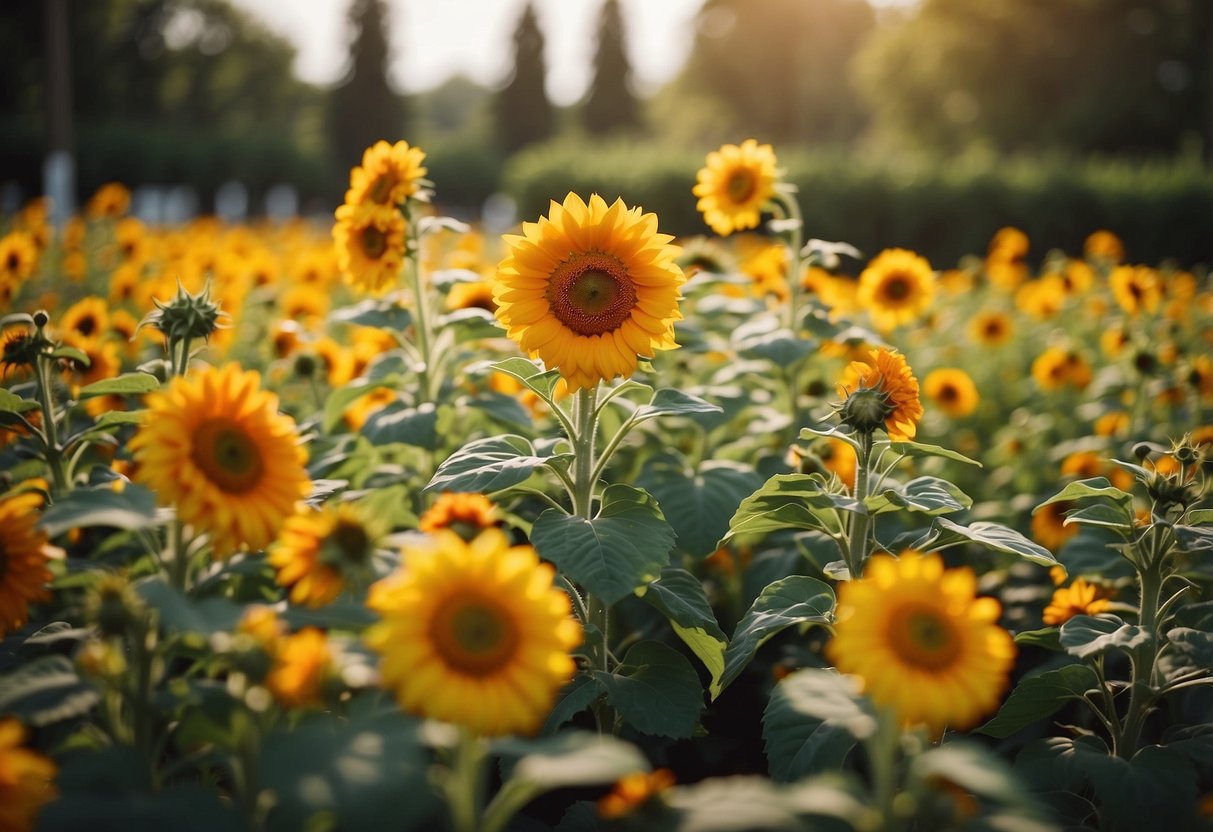 A vibrant garden with sunflowers and marigolds in full bloom. The bright yellow and orange hues create a stunning and harmonious color palette