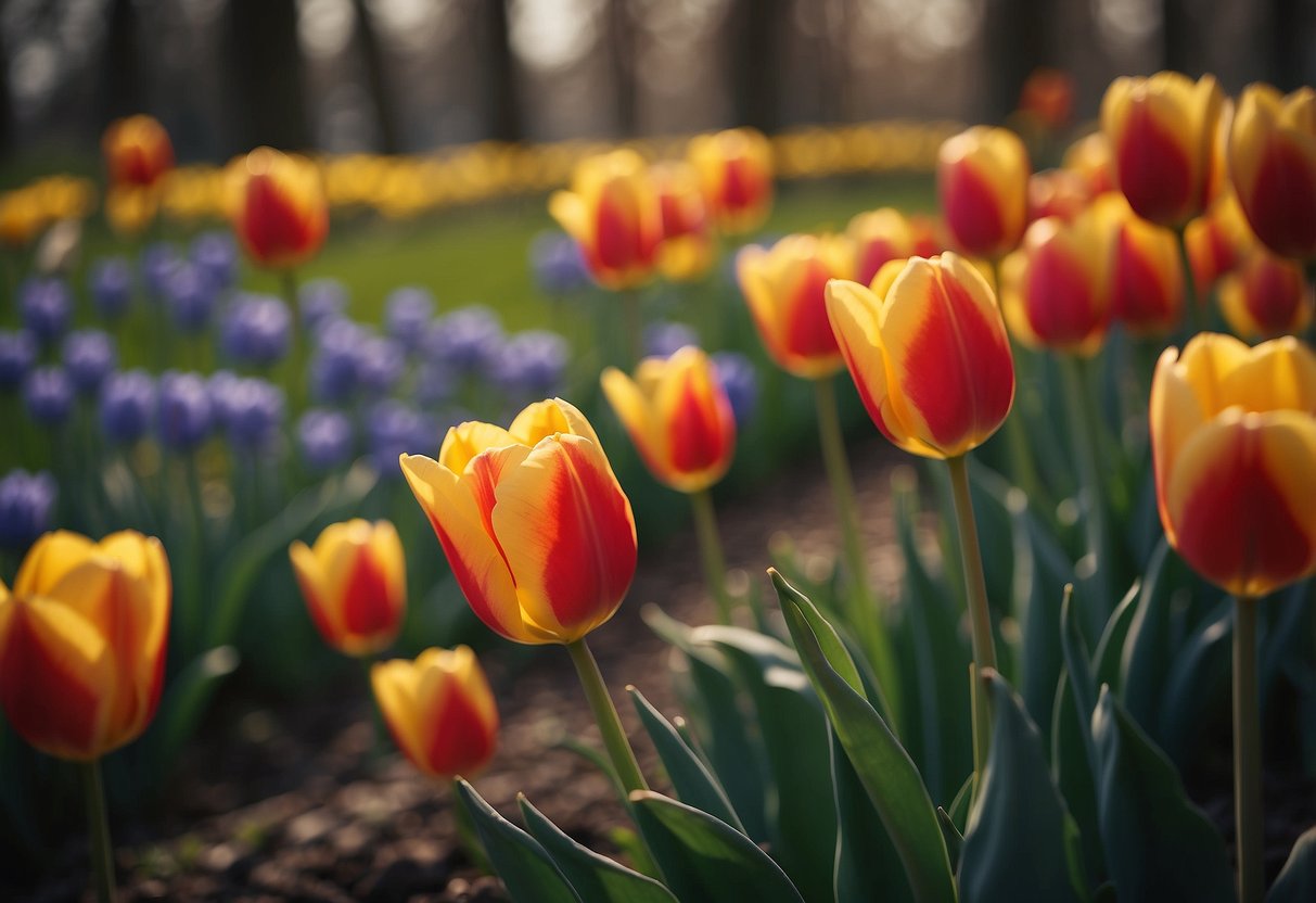 Vibrant tulips and daffodils bloom in a garden, their colors harmonizing beautifully