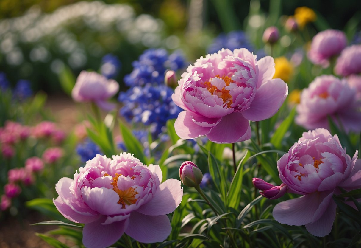 Vibrant peonies and irises intermingling in a lush garden bed