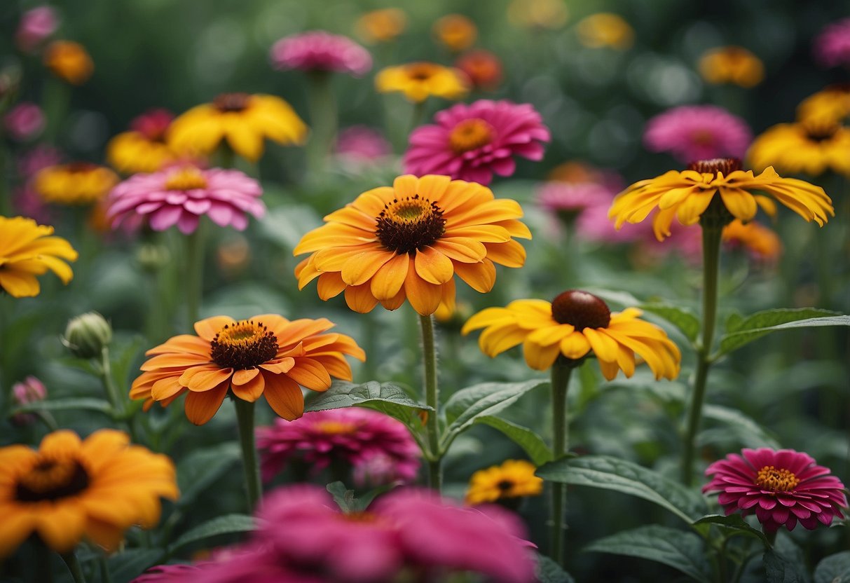 A vibrant garden of Zinnias and Black-eyed Susans intermingling in a riot of colors