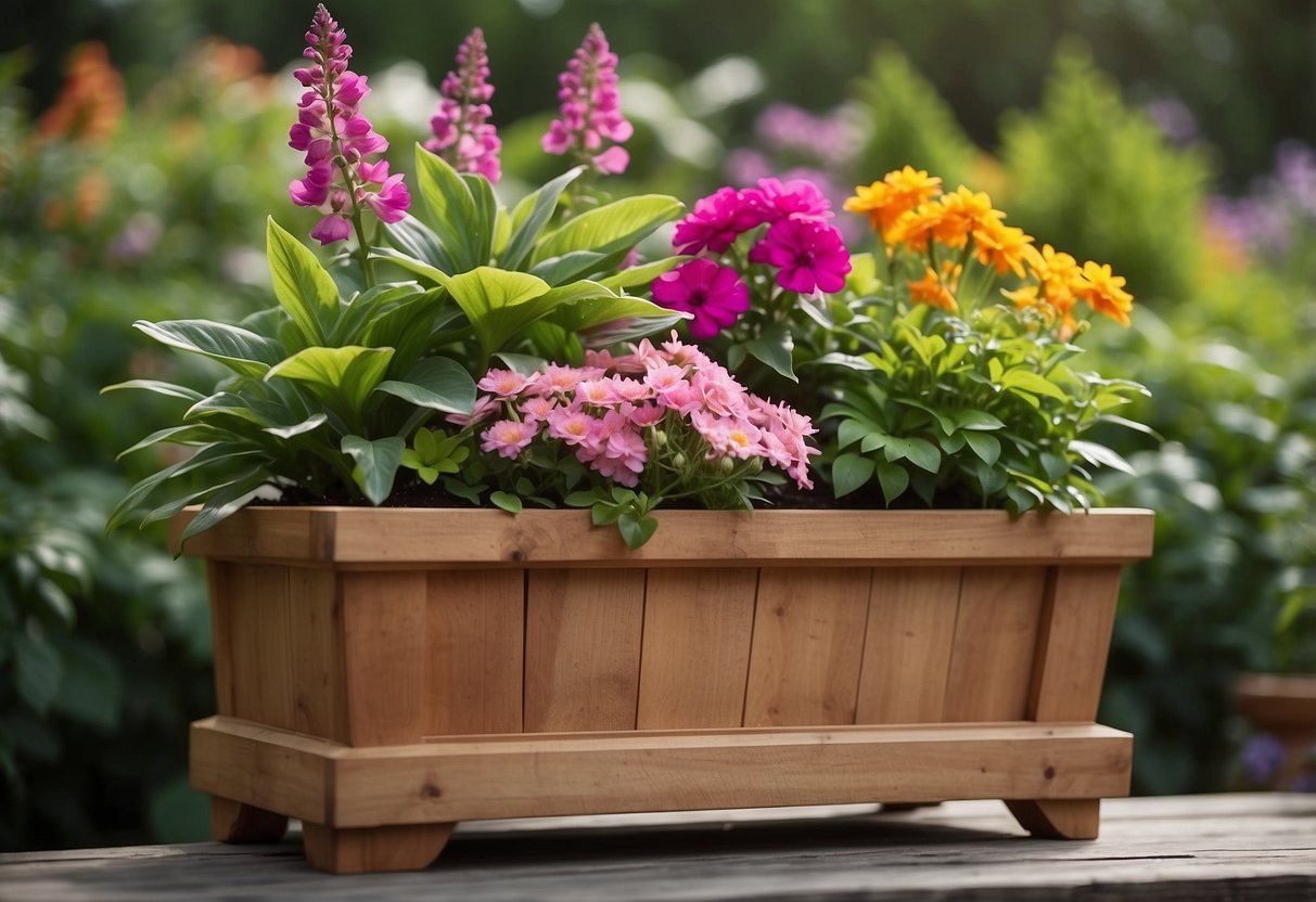 A tiered wooden planter with lush greenery and colorful flowers, set against a backdrop of a serene garden landscape