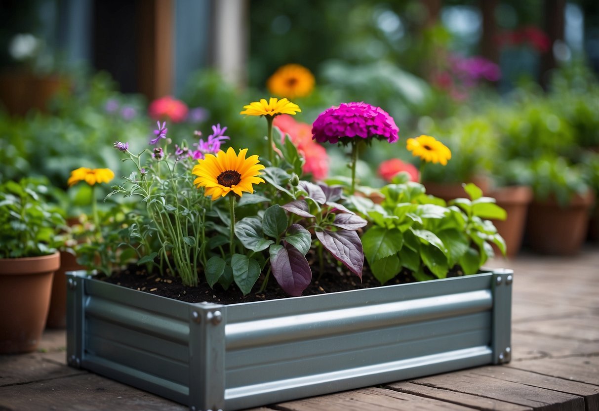 A metal box garden bed filled with recycled materials, surrounded by lush green plants and colorful flowers