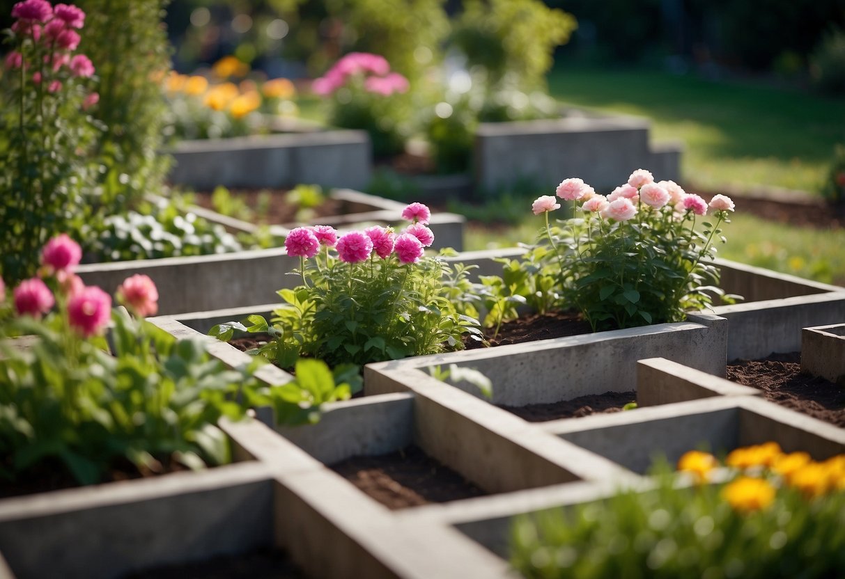 A garden with raised beds made of modular concrete blocks arranged in square formations, filled with vibrant flowers and lush greenery