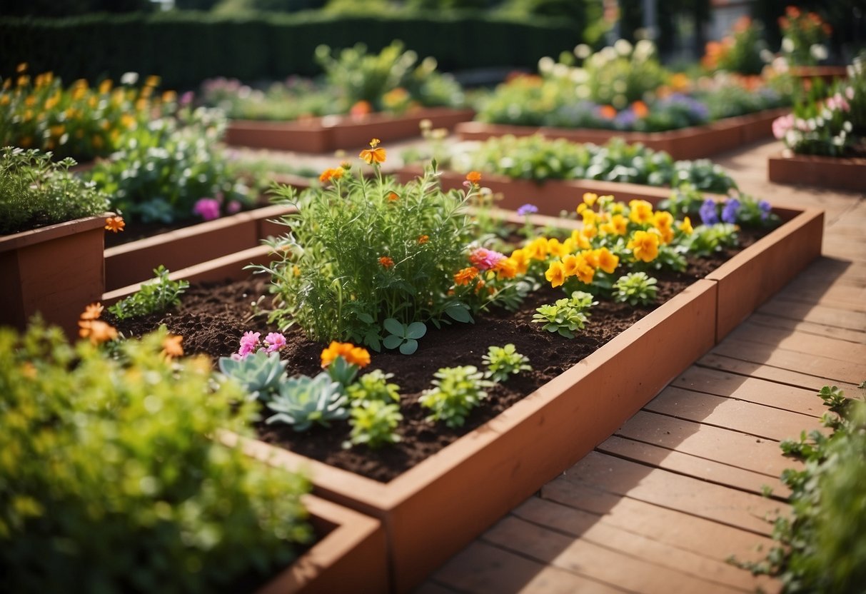 A terracotta square pit with raised garden beds, surrounded by lush greenery and colorful flowers