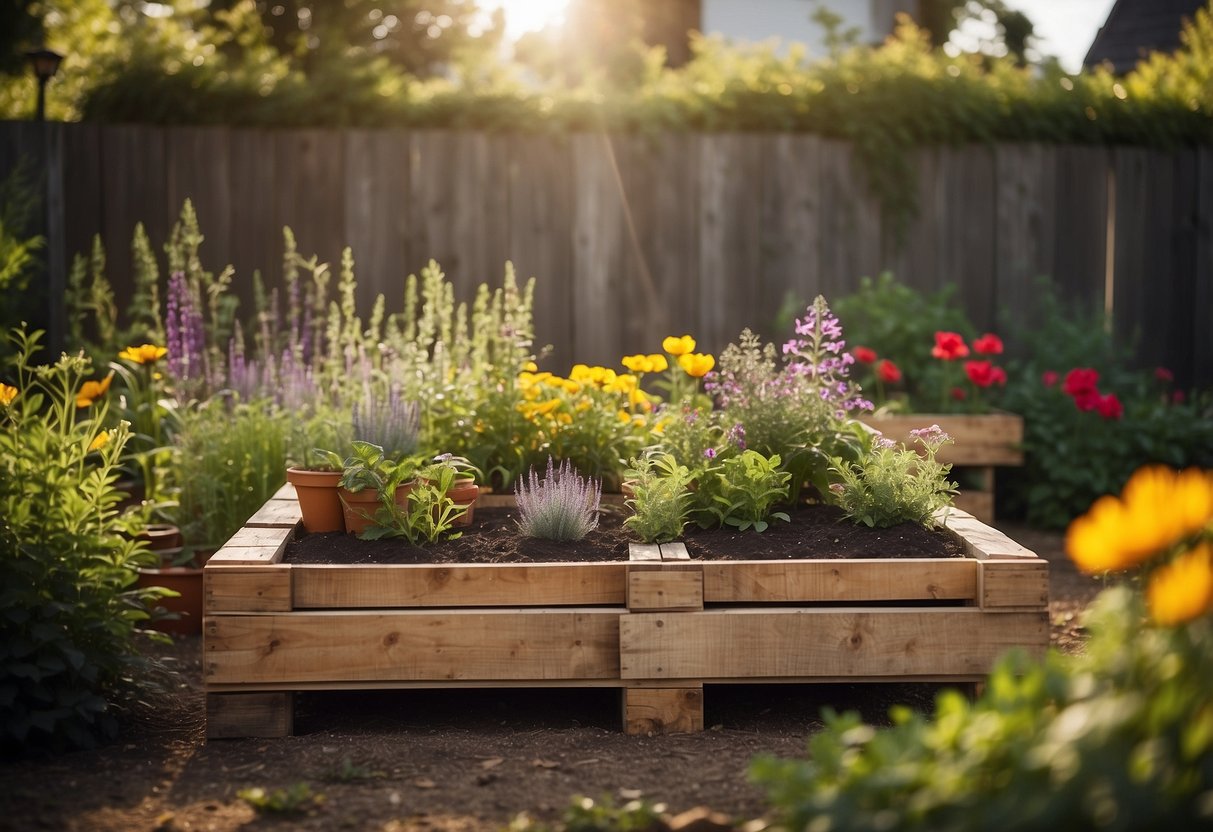 A pallet frame garden bed sits in a sunny backyard, filled with vibrant flowers and herbs. The square shape provides a neat and organized look, with a rustic charm