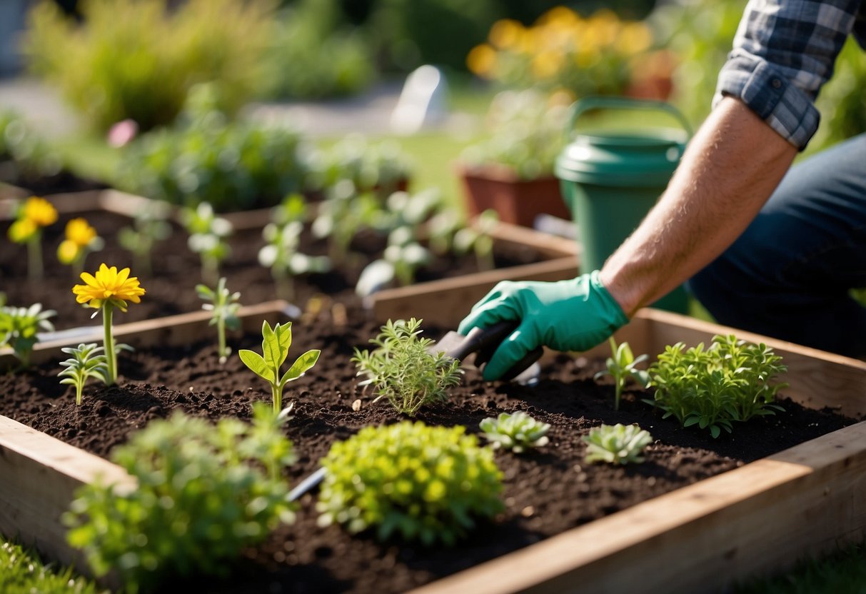 A gardener tending to a square garden bed, trimming plants and adding fresh soil. Tools and materials neatly organized nearby