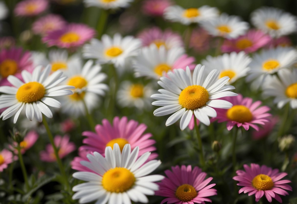 A vibrant daisy carpet spreads across the garden, with a mix of white, pink, and yellow flowers creating a beautiful and colorful display