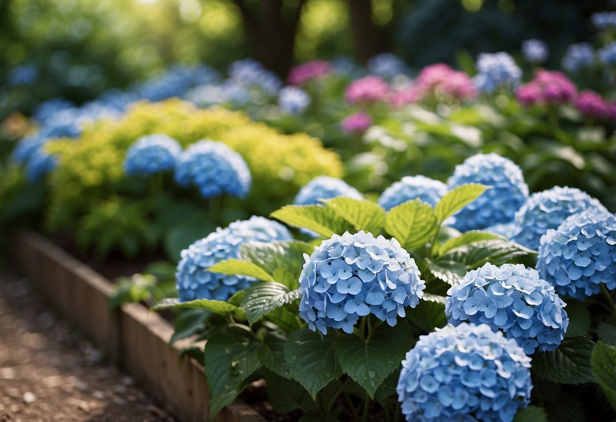 A colorful garden bed with hydrangeas in the corners, surrounded by lush greenery and mulch