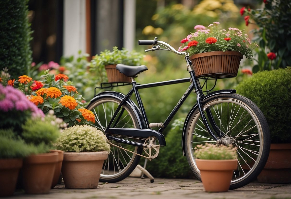 A vintage bicycle converted into a plant stand, adorned with potted flowers and greenery, sits in a charming garden setting