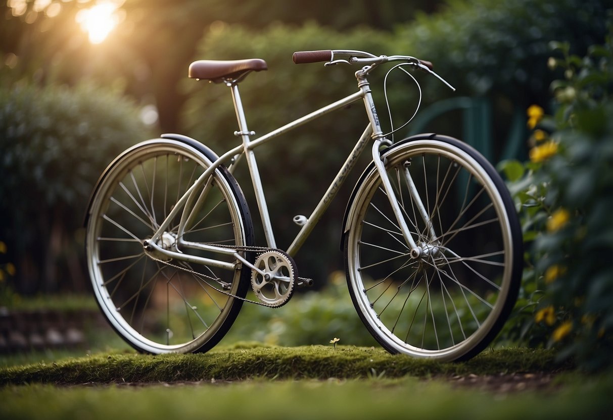 An old bicycle frame stands tall in a garden, transformed into a unique and charming sculpture