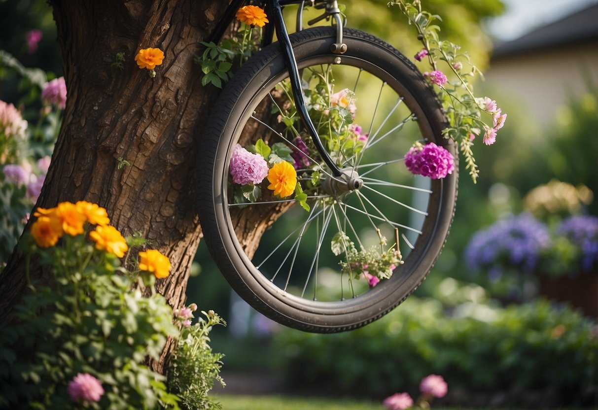 A vintage bicycle wheel hangs from a tree, filled with colorful flowers and plants, creating a unique and charming garden display