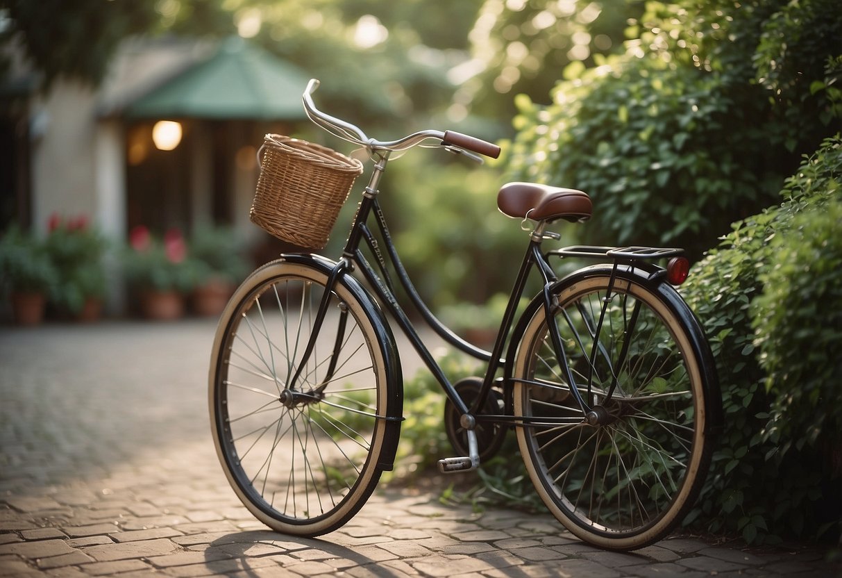 An antique bicycle converted into a water fountain, surrounded by a lush garden with vintage decor