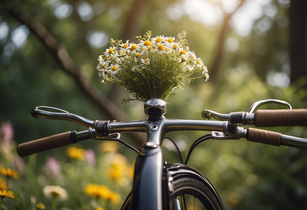 A vintage bicycle handlebar hangs from a tree, adorned with colorful metal chimes, swaying in the breeze among a garden of wildflowers