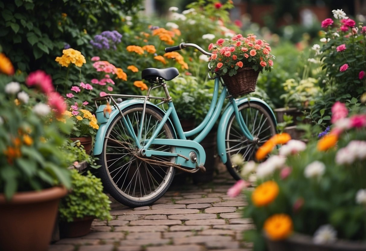 A vintage bicycle serves as a whimsical planter, overflowing with colorful flowers and trailing vines. Surrounding it are neatly arranged raised beds and winding pathways, creating a charming bicycle garden layout