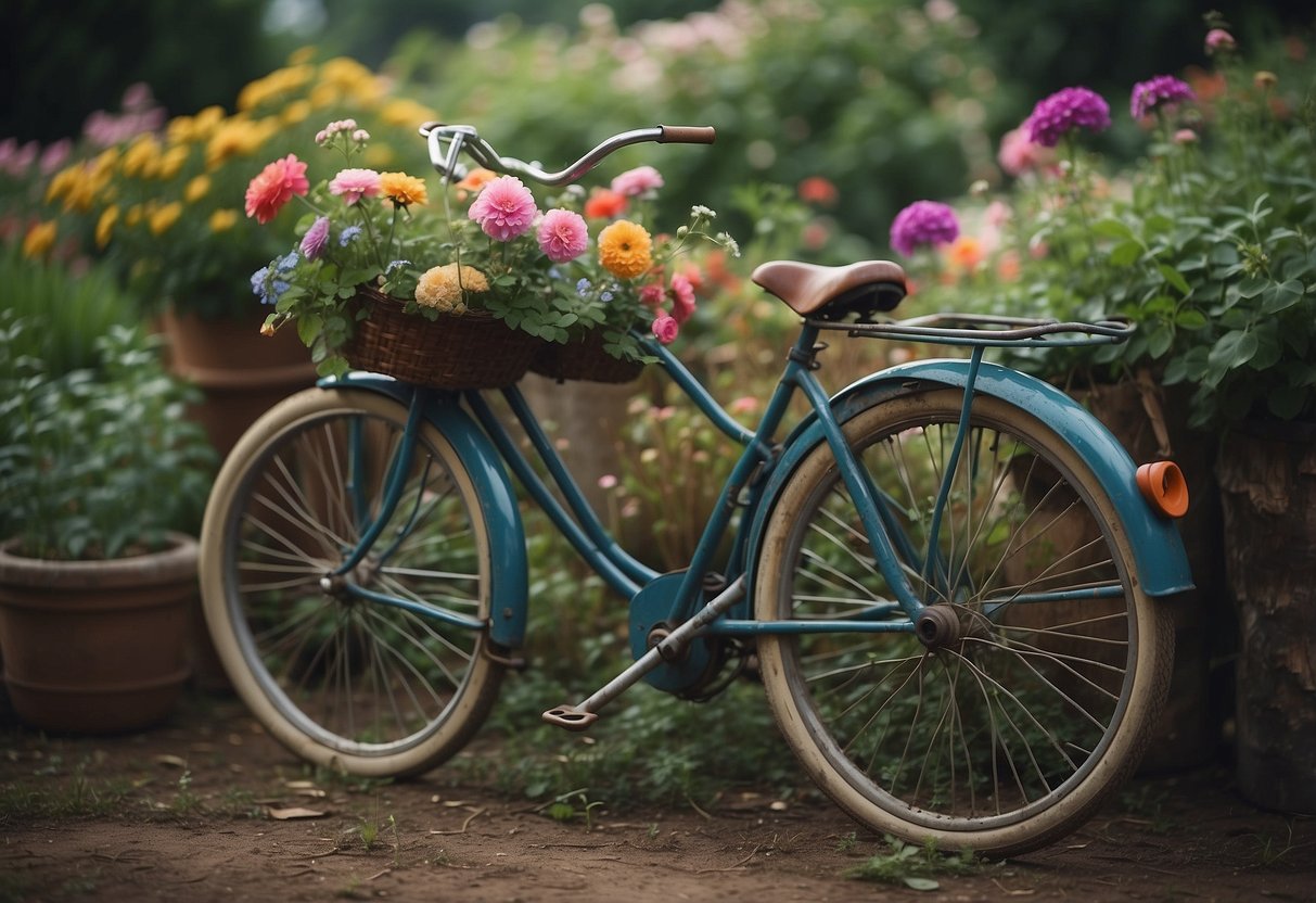 A vintage bicycle overgrown with colorful flowers and vines, surrounded by rustic garden tools and whimsical decor