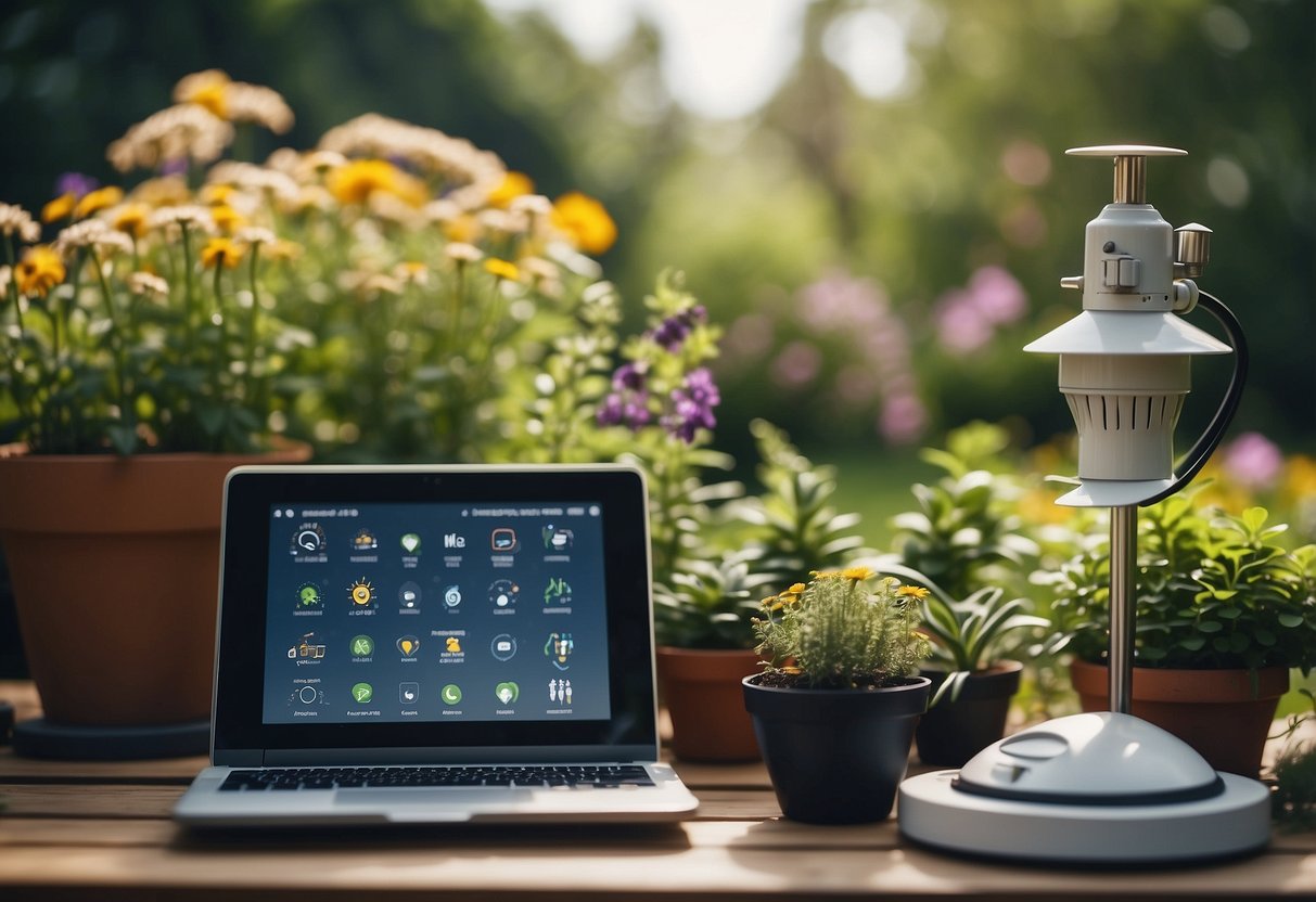 A sunny garden with a variety of plants, a small weather station, and a journal with colorful tabs and illustrations