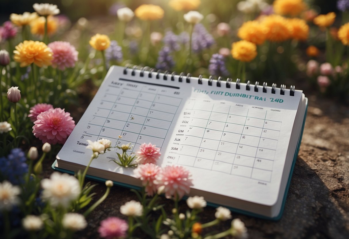 A colorful garden bursting with spring blooms, surrounded by a calendar and journal for tracking the seasonal bloom schedule