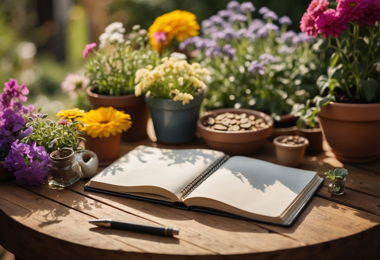 A garden journal open on a wooden table, surrounded by gardening tools, seed packets, and colorful flowers in bloom