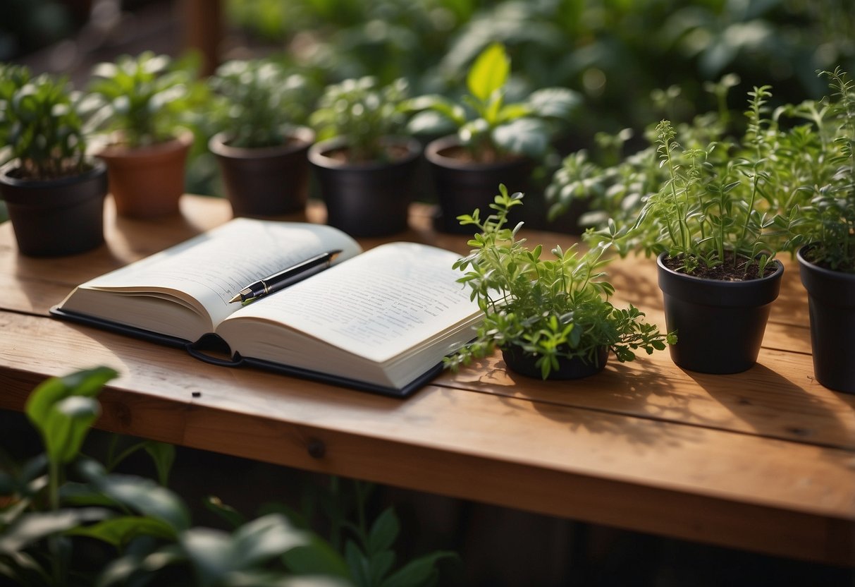 Lush garden with healthy plants, some showing signs of disease. Journal, pen, and plant care tools scattered on a wooden table