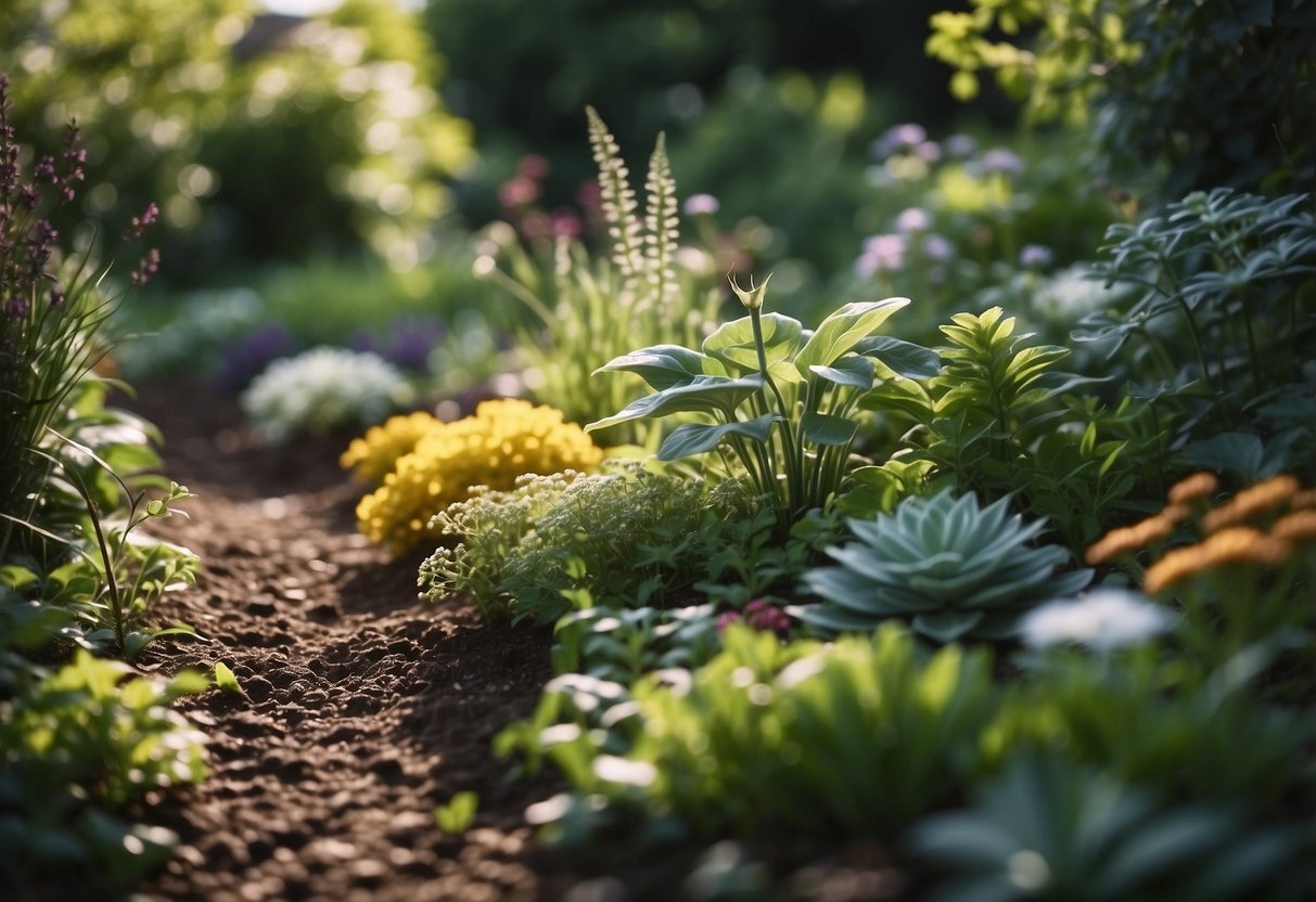 Lush garden with diverse plants, healthy soil, and thriving ecosystem. Journal filled with detailed records and colorful illustrations