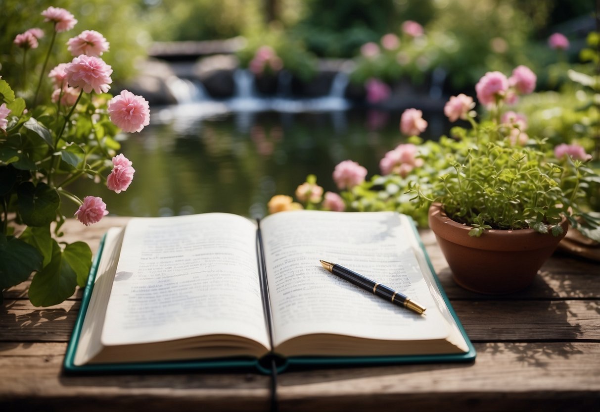 A garden with blooming flowers, lush greenery, and a tranquil pond reflecting the vibrant colors of the surroundings. A journal and pen sit on a wooden bench, ready for someone to capture the beauty of the scene