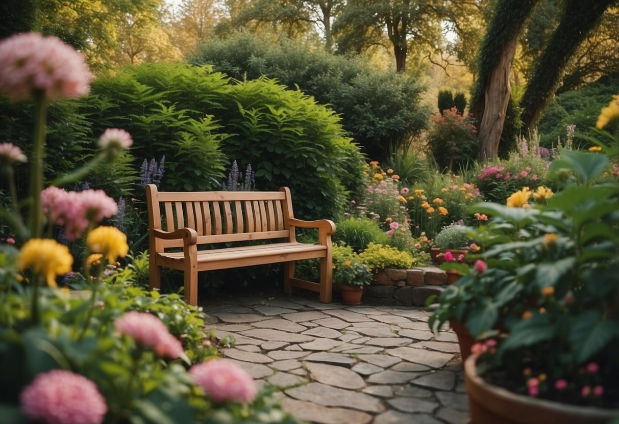 Lush garden with vibrant flowers, tall trees, and winding paths. A cozy bench sits in a secluded corner, surrounded by colorful plant profiles and a journal