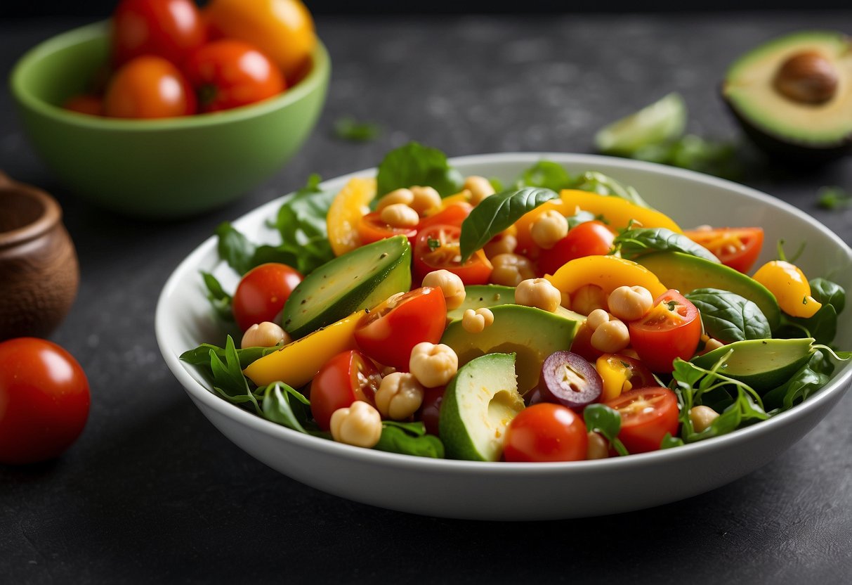 Fresh avocado & chickpea salad with vibrant green leaves, ripe tomatoes, and colorful bell peppers, drizzled with tangy vinaigrette