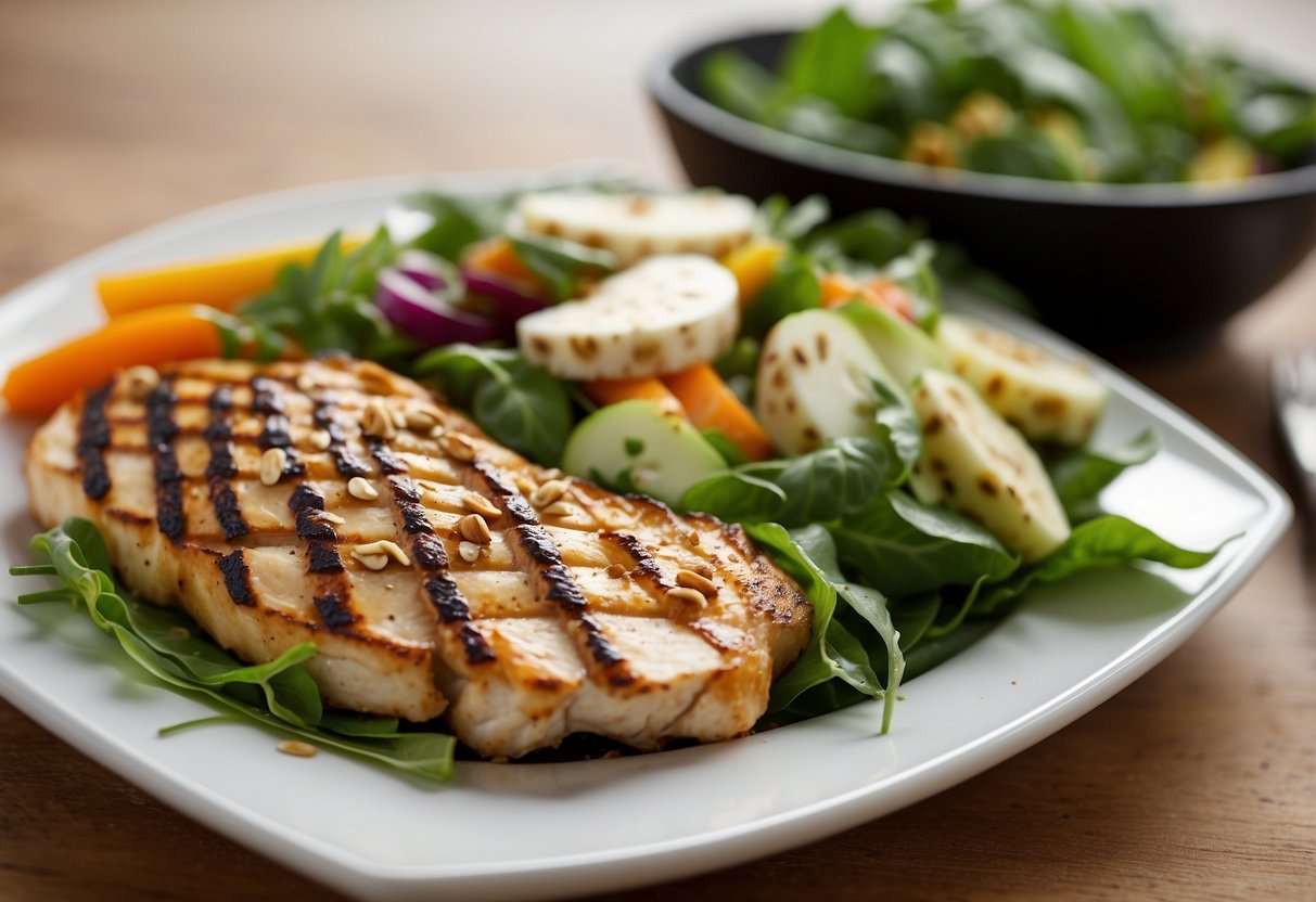 Fresh vegetables arranged on a plate, with a sprinkle of nuts or seeds and a drizzle of vinaigrette. A bowl of grilled chicken or tofu placed next to the salad