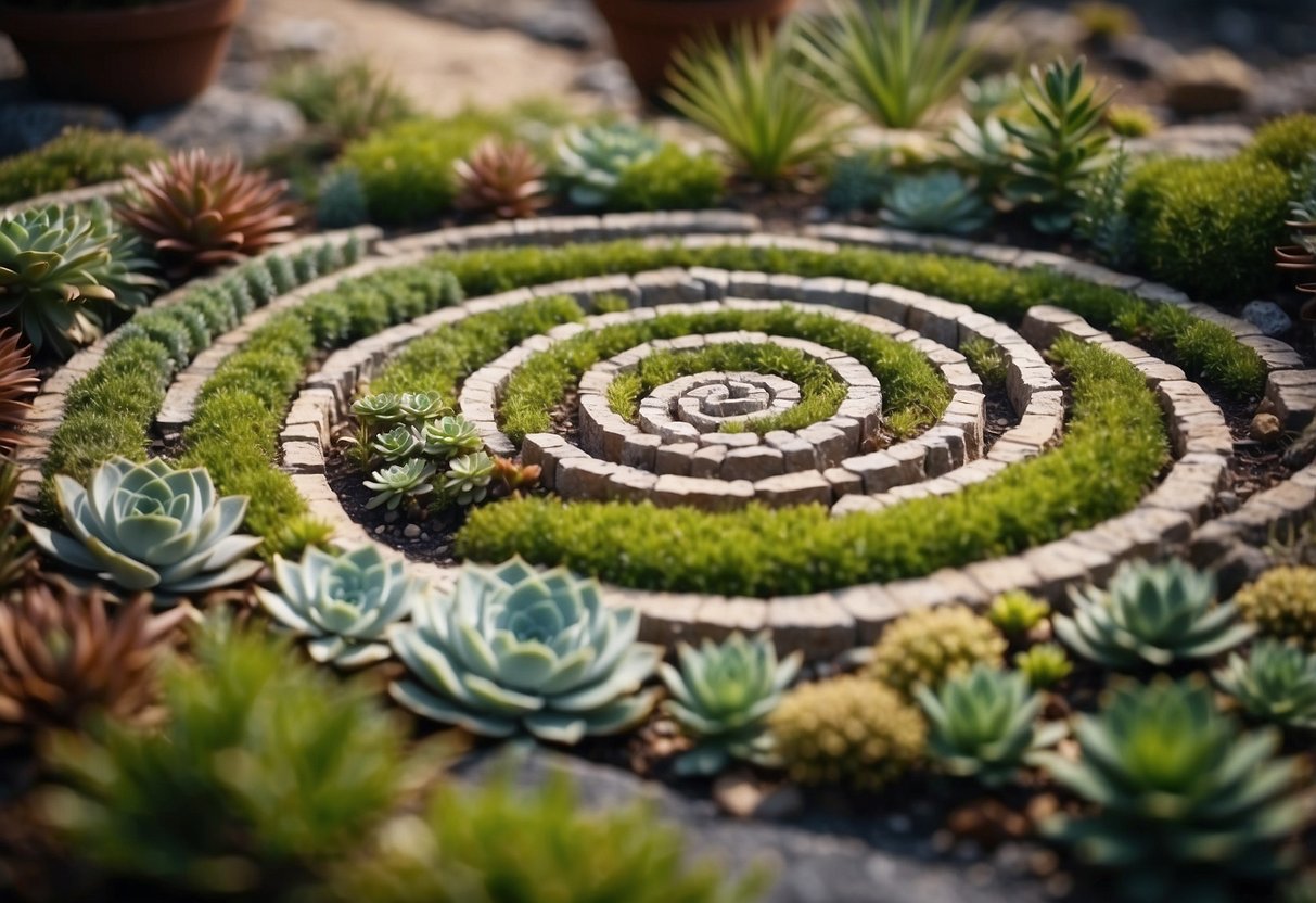 A spiral rock garden with various sizes and colors of rocks arranged in a spiral pattern, surrounded by small plants and succulents