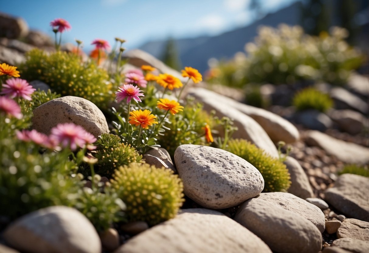 A rock garden with colorful flowers blooms in the sunlight. The rocks are arranged in a simple, natural design, with vibrant flowers adding pops of color throughout