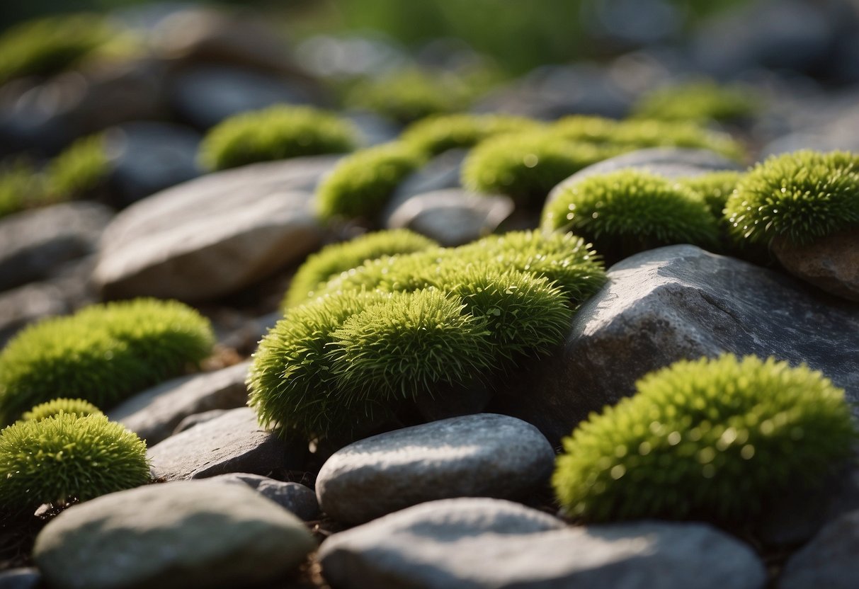 A serene rock garden with moss-covered stones arranged in a simple and natural design