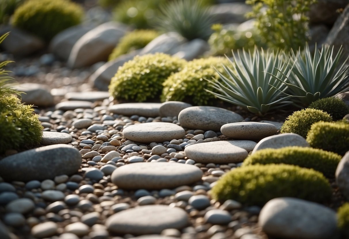 A serene rock garden with stepping stones leading through a minimalist arrangement of rocks and plants