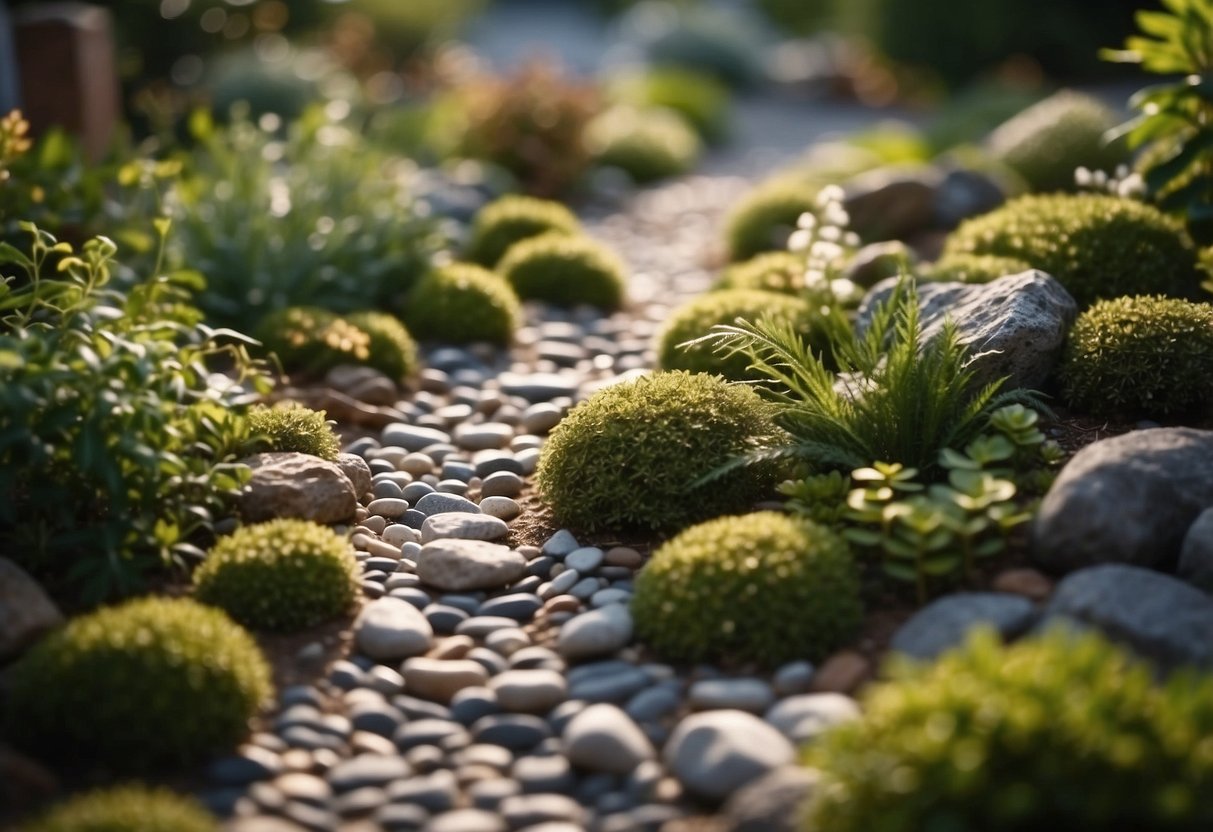 A winding rock pathway leads through a front yard garden, surrounded by miniature plants and carefully placed stones