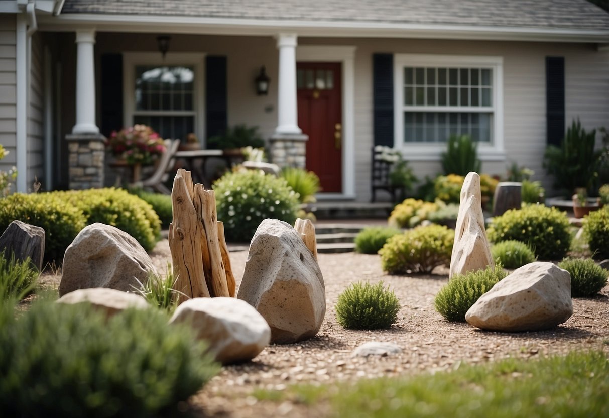 A front yard with rock and driftwood sculptures arranged in a garden setting