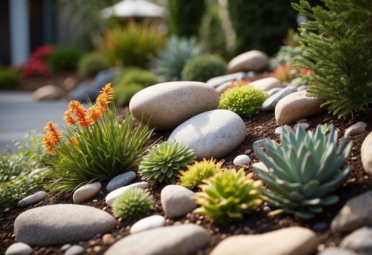 A boulder centerpiece sits among a variety of rocks and plants in a front yard garden, creating a natural and serene rock garden landscape