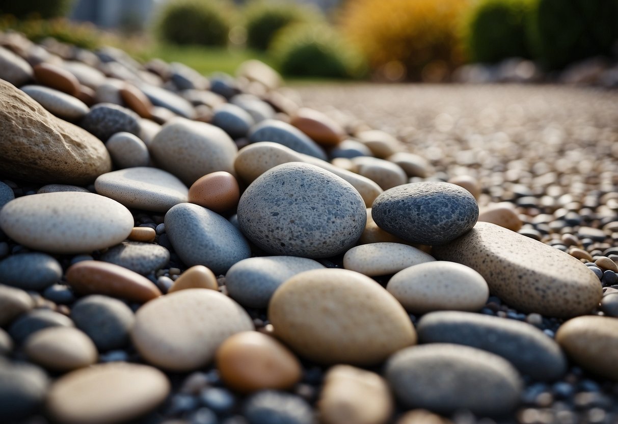 A variety of smooth and textured rocks are carefully arranged in a front yard, creating a visually appealing rock garden