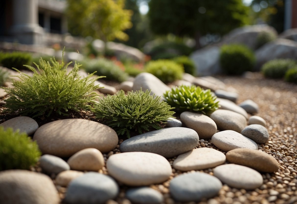 A serene front yard rock garden with balanced, asymmetrical placement of rocks, plants, and pathways. A variety of textures and heights create visual interest