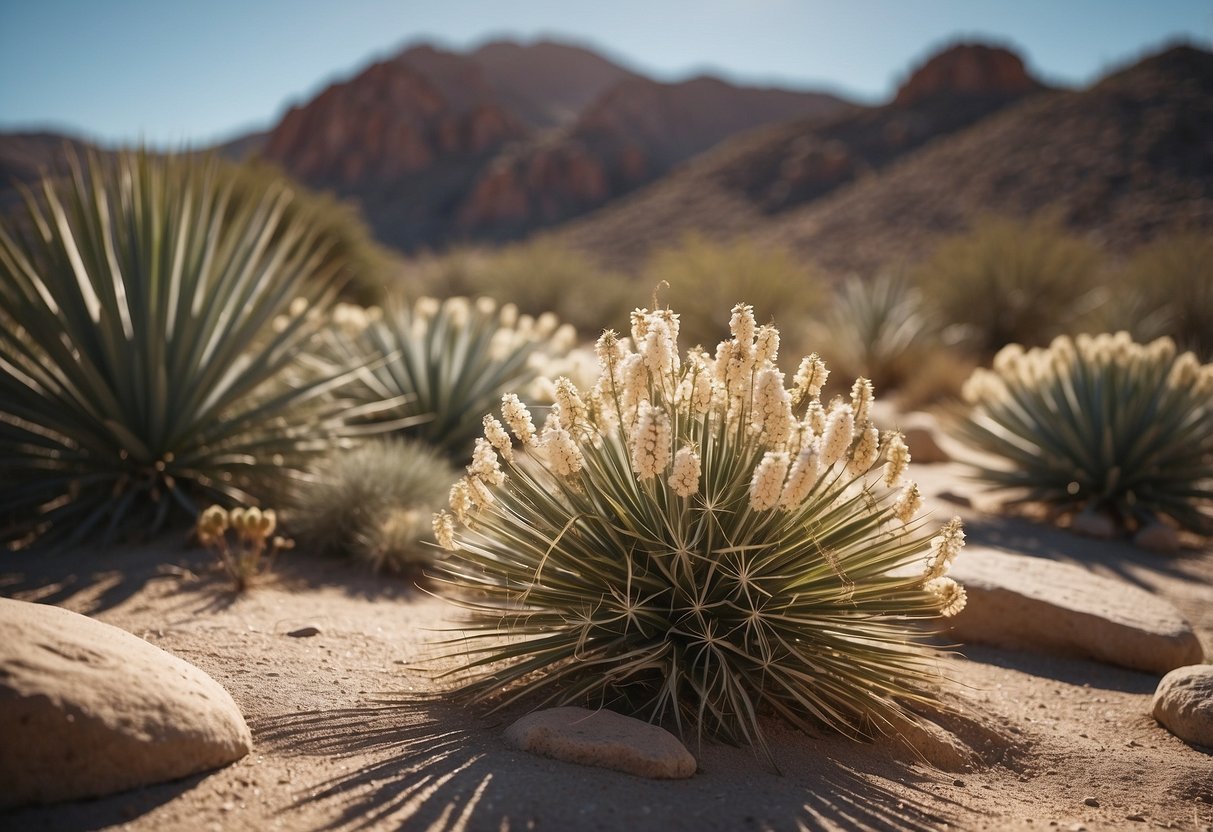 A desert landscape with yucca plants scattered among rocks, creating a serene and natural rock garden